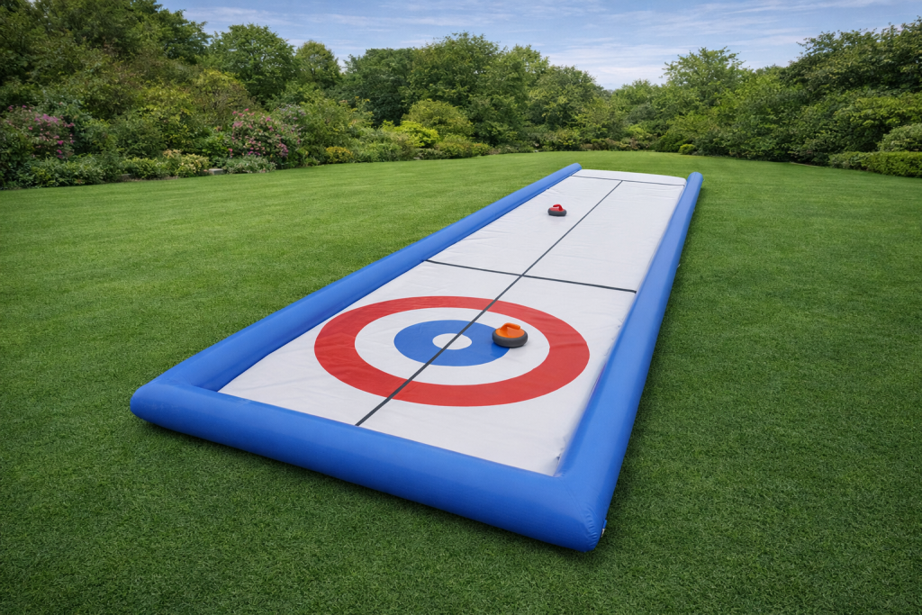 Piste de curling gonflable installée sur pelouse avec cible rouge, blanche et bleue, idéale pour animations et événements en plein air.