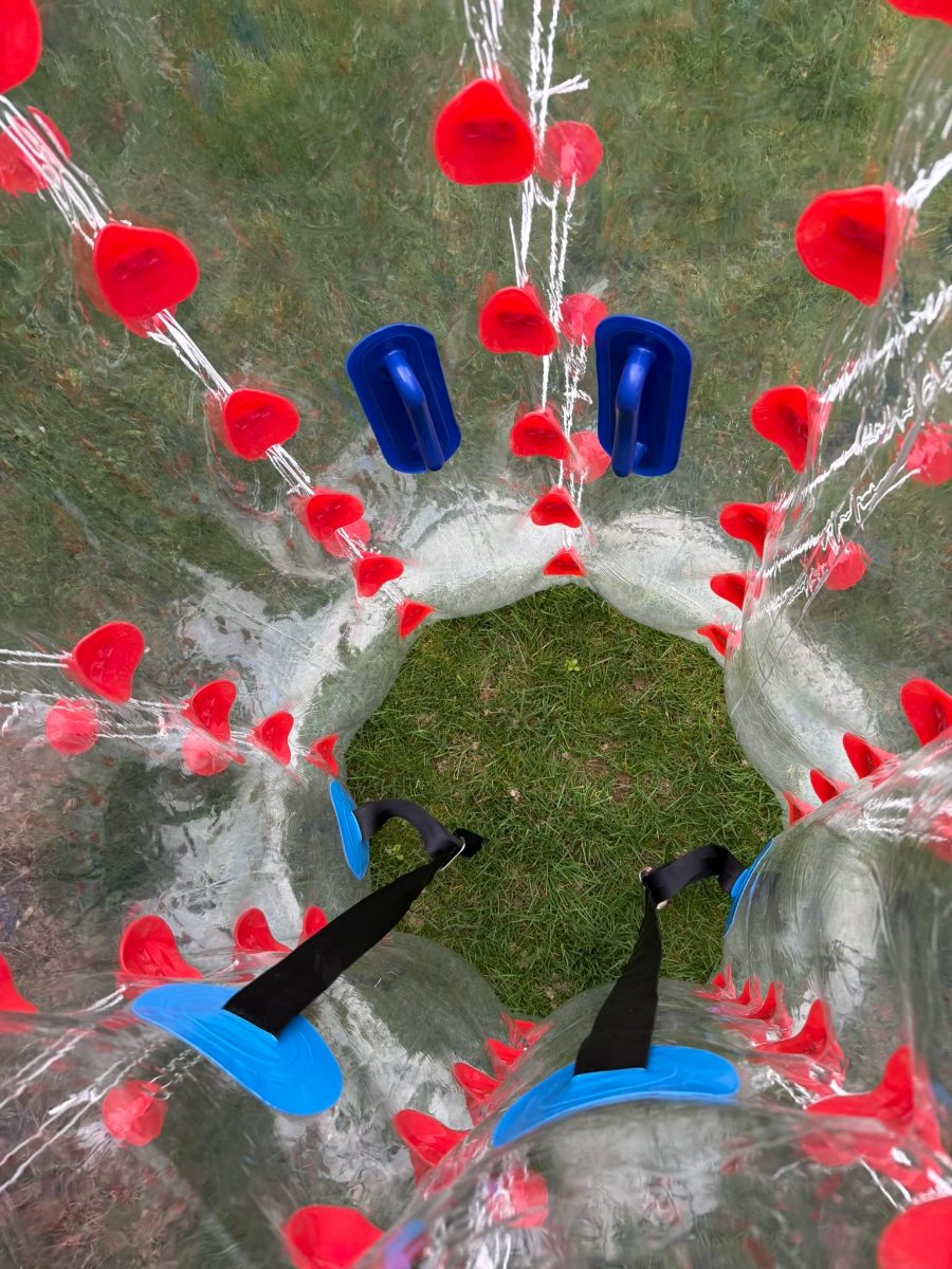 Vue aérienne des bulles de bubble foot installées en cercle sur pelouse